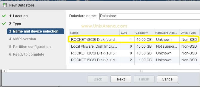Selecting the ISCSI disks on ESXi