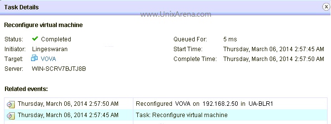 Task details of Live VSS to VDS migration