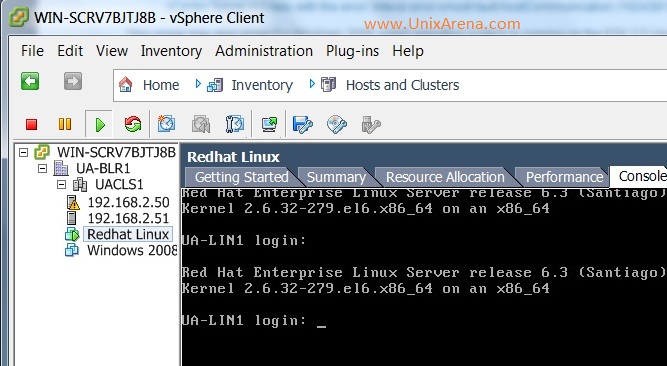 VMware ESXi Redhat Linux console