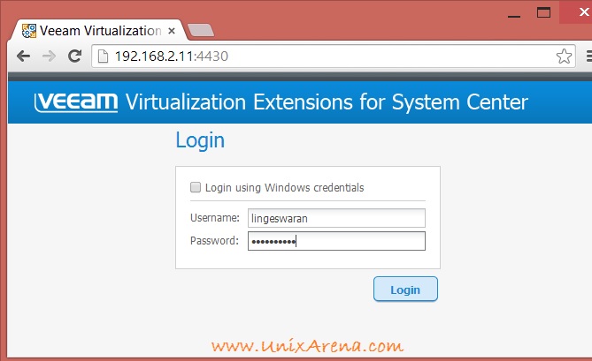 Login page of Veeam Virtualization Extensions for System Center