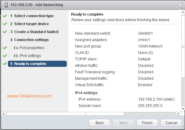 Summary of VSAN Network Wizard.