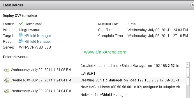 vShield VM deployed successfully