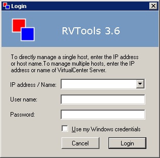 RVtools login screen