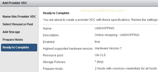 Click finish to create provider vDC