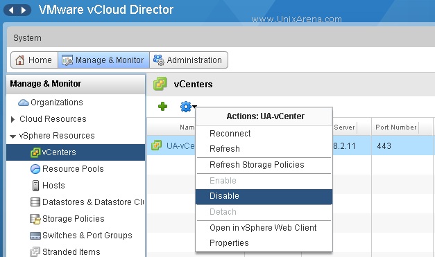 Select the vCenter and Disable