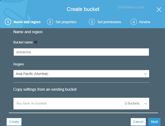 Enter Bucket Name and Select Region - AWS