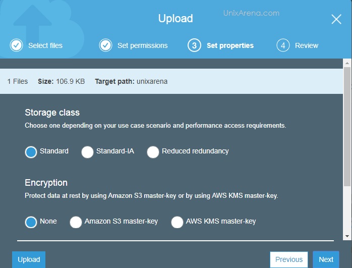 Select the storage class & Encryption 