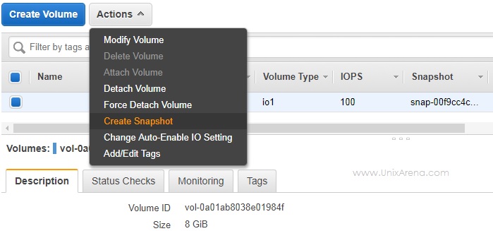 Create EBS volume snapshot - AWS