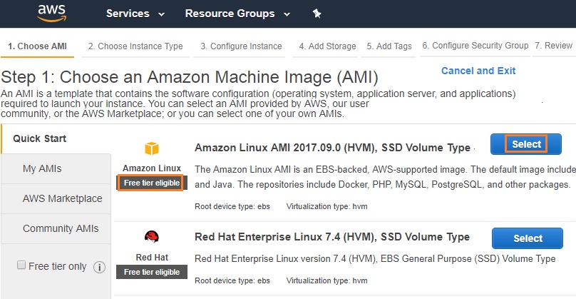 Select Free Tier eligible instance - Amazon Linux