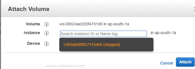 Select the Instance to Attach volume