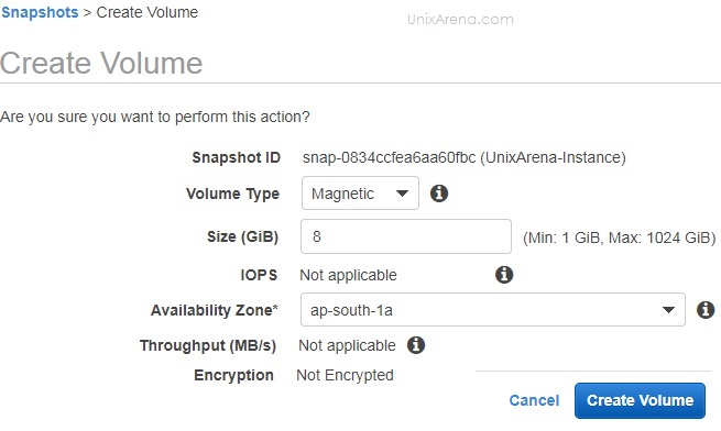 Select the volume size as snapshot source size or higher