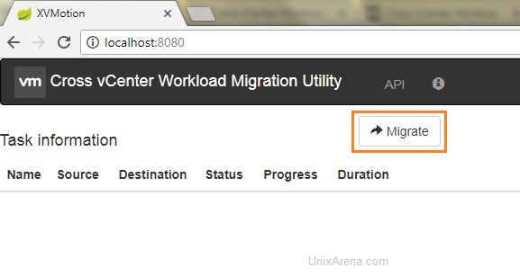 Cross vCenter Workload Migration Utility Home page