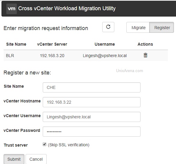 Register Second site vCenter - on Migration Utility
