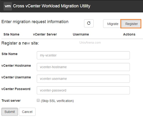 Register - VCenter Server - Migration Request Information