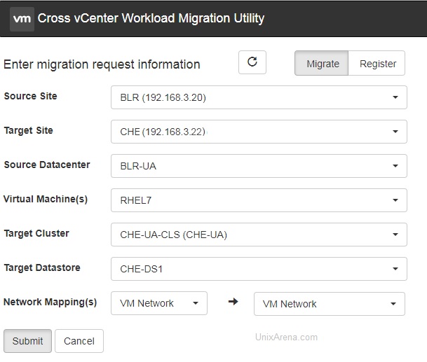 Select the Source & target cluster - VM Migration