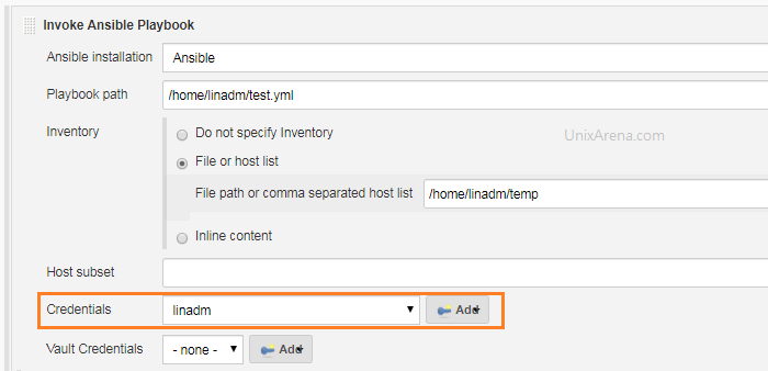 Select the newly created credentials - Jenkins Ansible