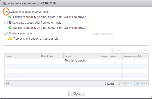 Evacuate all data to other vSAN cluster host - Pre-check Evaluation