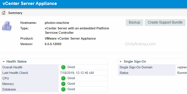 Logged in to VCSA 6.5 - Appliance Management