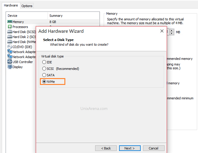 Select Disk type as NVMe - VMware workstation