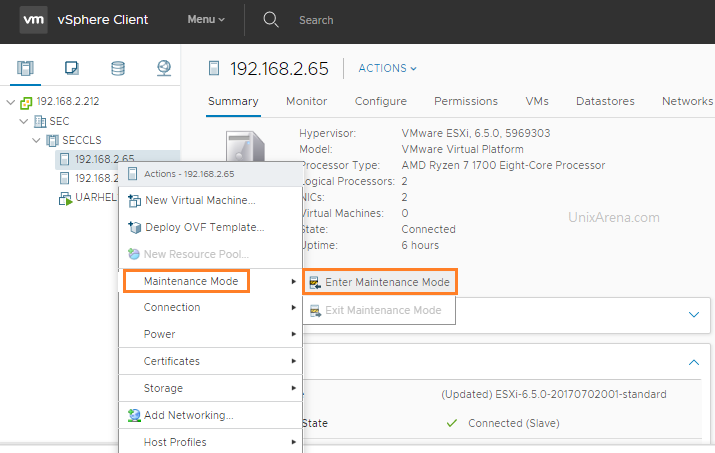 Select ESXi Host - Enter Maintenance Mode