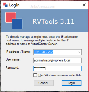 RVTools - Login page