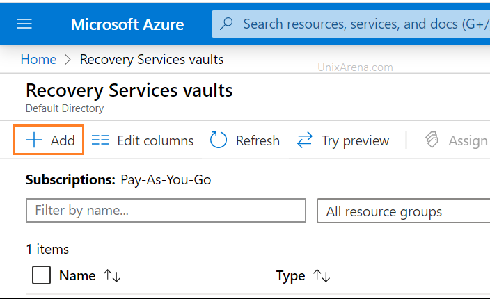 Add recovery service vault