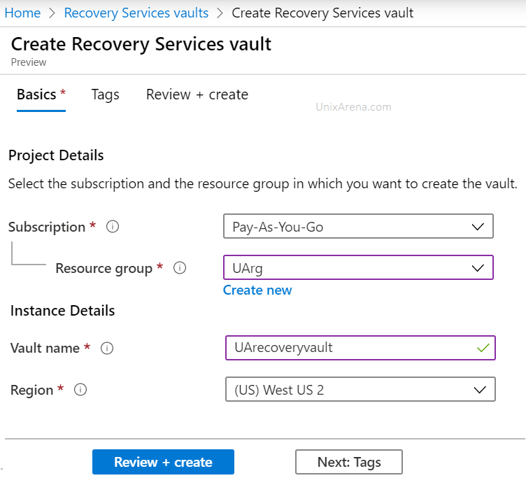 Azure recovery service vault - select region and subscription