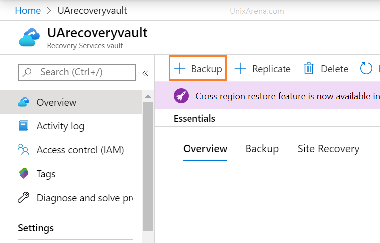 Click on Backup to configure Recovery Service vault