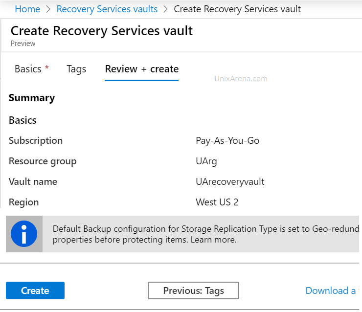 Review and Create - Recovery services vault