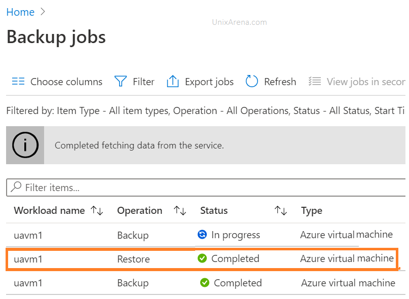 Restore Job Completed - Azure VM