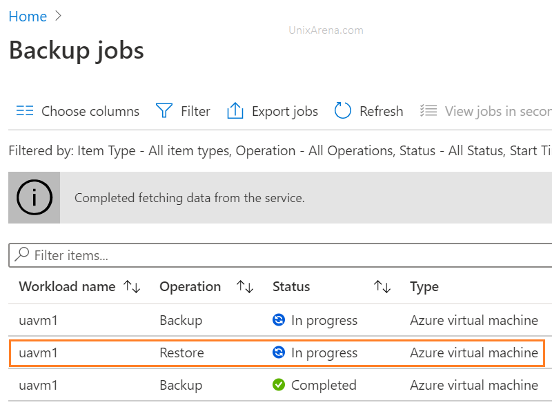 Restore Job in progress - Azure VM