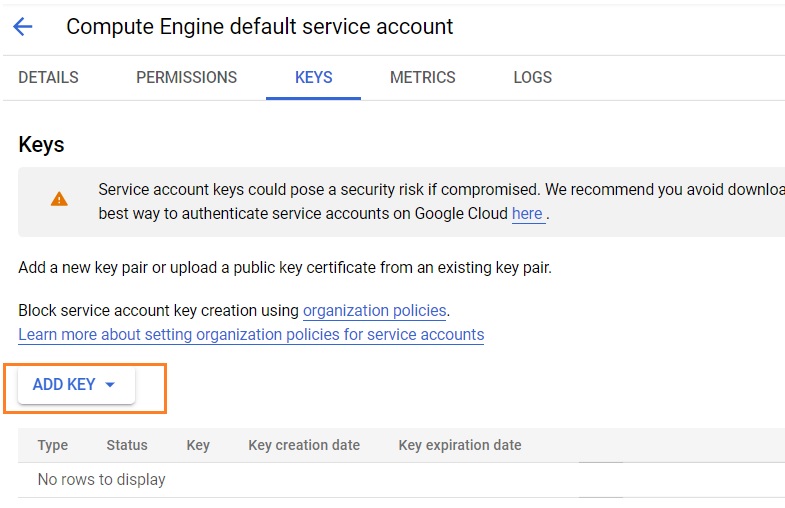 Service Account - GCP - Add Key