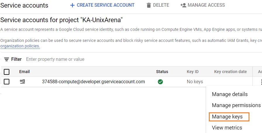 Service Account - GCP - Manage Keys