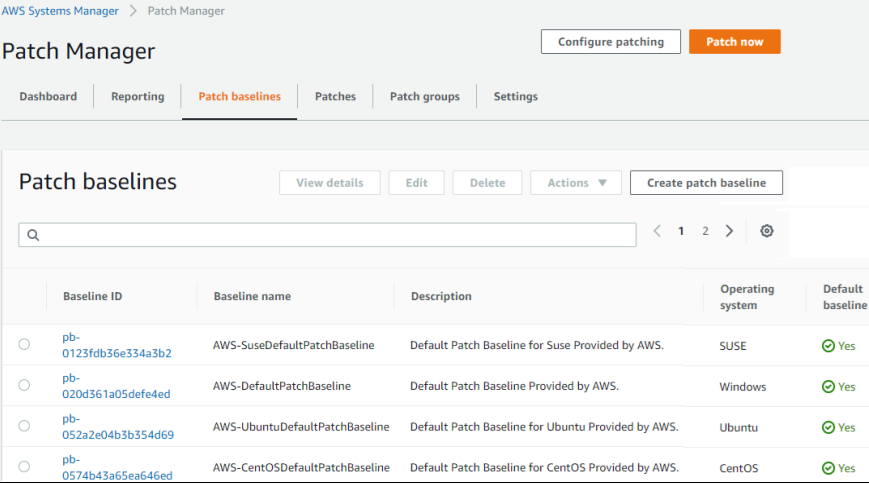 Pre-defined Patch Baselines - AWS SSM
