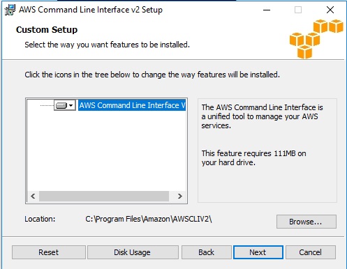Select the path to install awscli