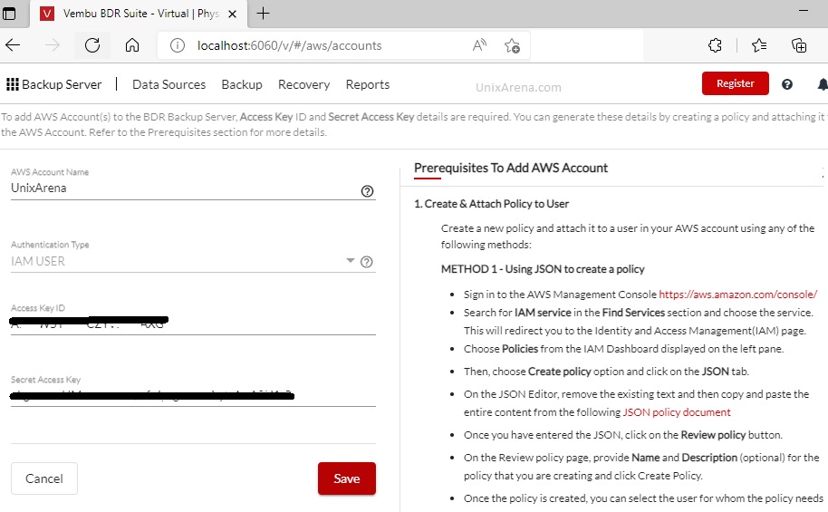 Vembu BDR - Add AWS Access key and secret key