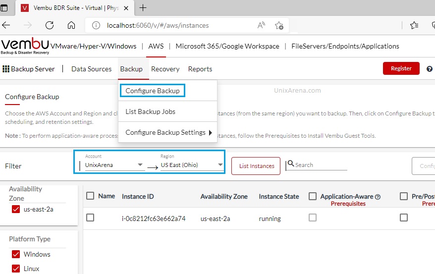 Configure EC2 Backup - List instances