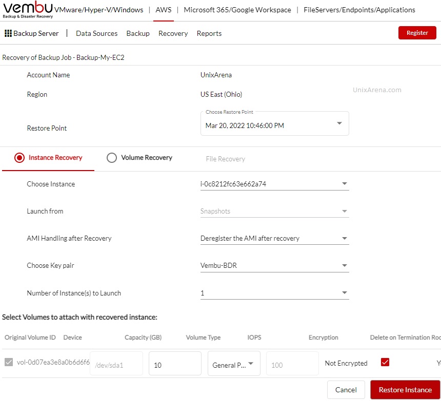 Restore Instance - EC2 - Vembu BDR