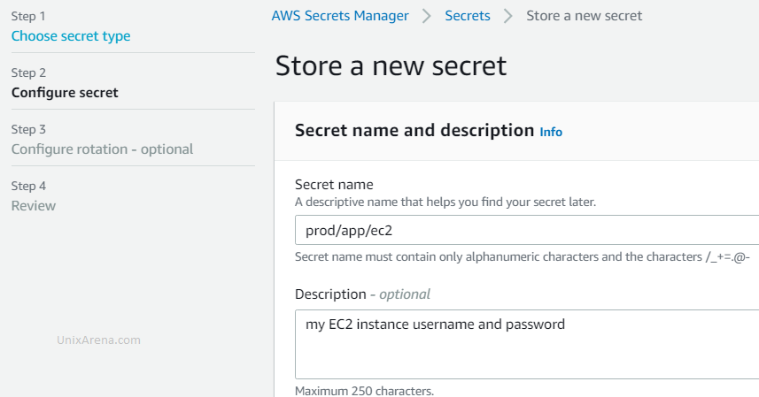 Enter the secret name - AWS secret manager