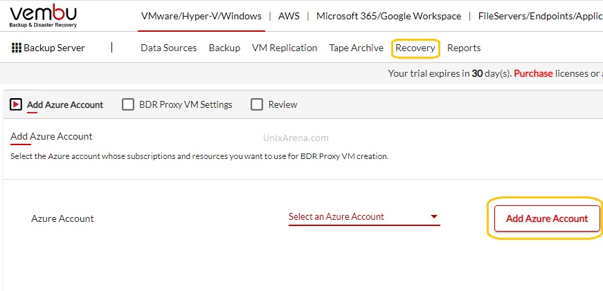 Recovery on Azure - Add Azure Account