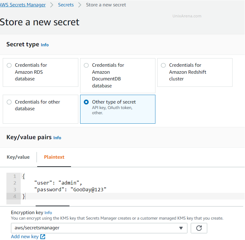 Store credentials - AWS secret Manager