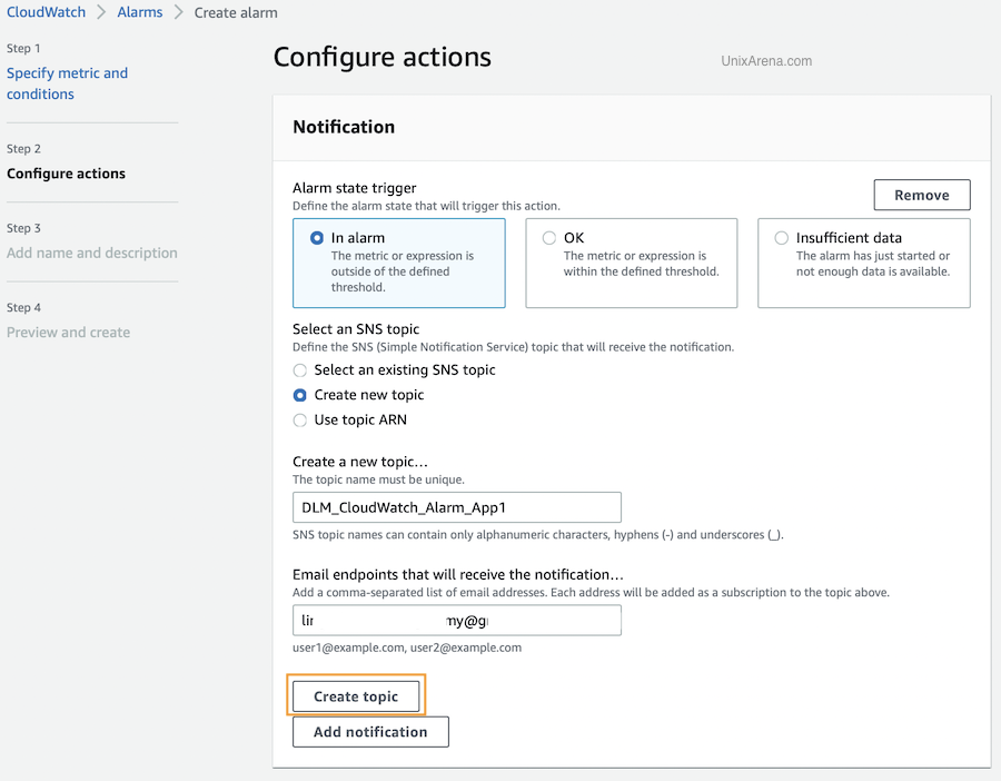 Create new SNS topic - Cloudwatch