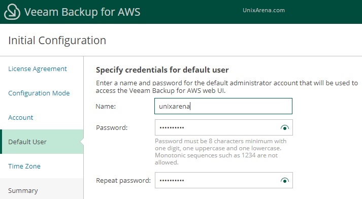 Default user credentials - Veeam AWS Backup for AWS