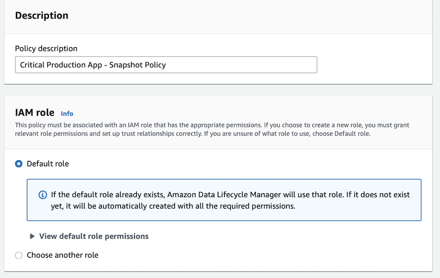 Policy Description and IAM role - Amazon DLM