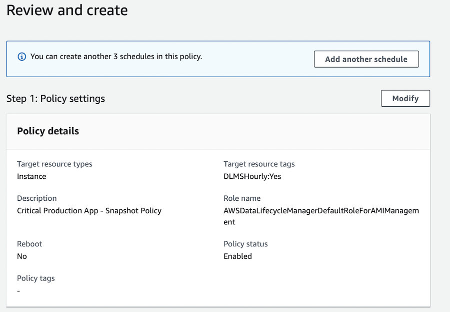 Review Policy settings - Amazon DLM