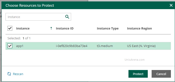 Select the instance name to protect