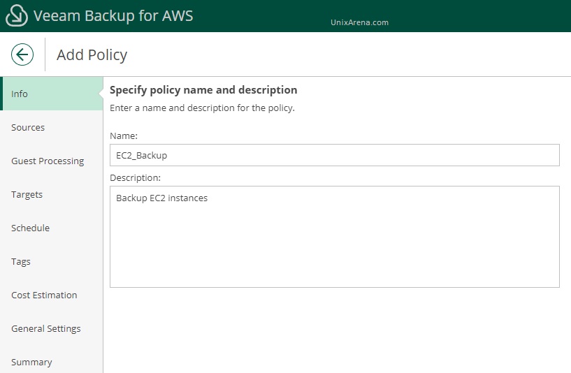 Specify policy name - Veeam