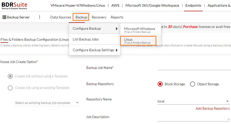 BDRSuite Configure Backup