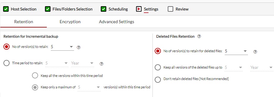 Backup Retention for Incremental backup - BDRSuite