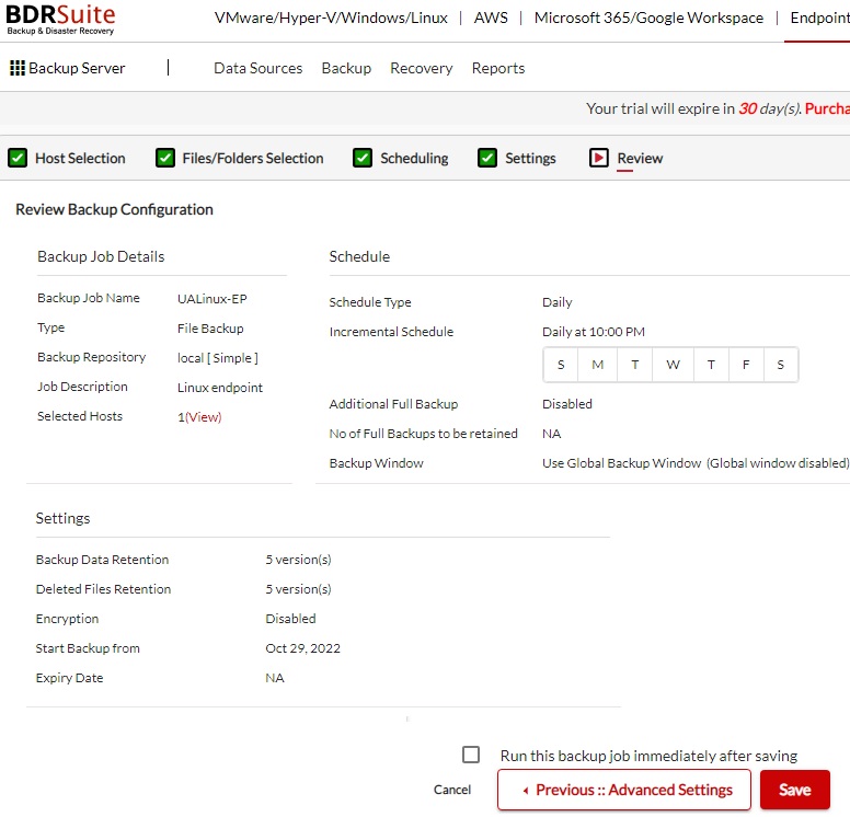 Review the backup configuration - BDRSuite